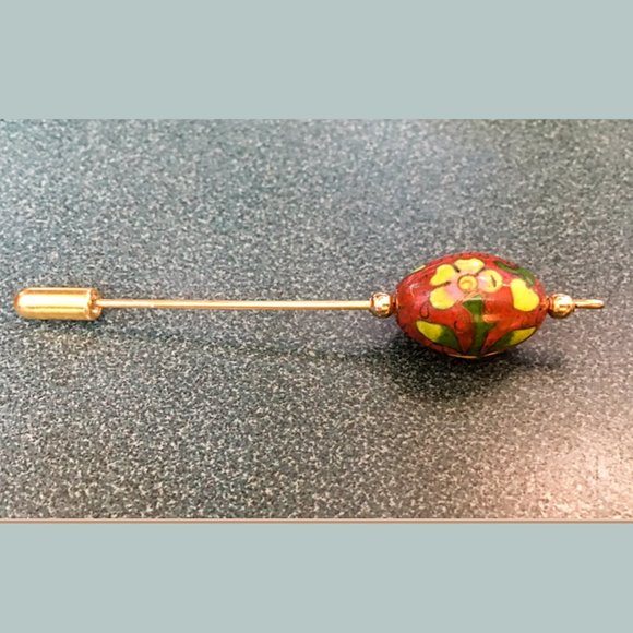 Hand-painted Floral Ceramic Bead Stick Pin 1970s - Picture 3 of 6